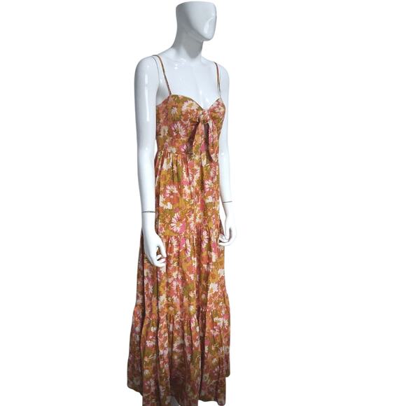 House of Harlow Linen Womens size S Bow Tie Tiered Earthy Floral Boho Maxi Dress - Picture 1 of 13